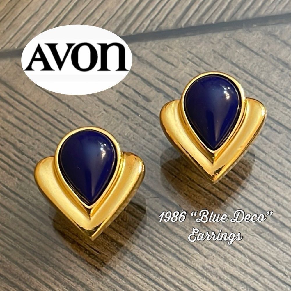Vintage 1986 AVON Blue Deco Pierced Earrings - Gold-tone